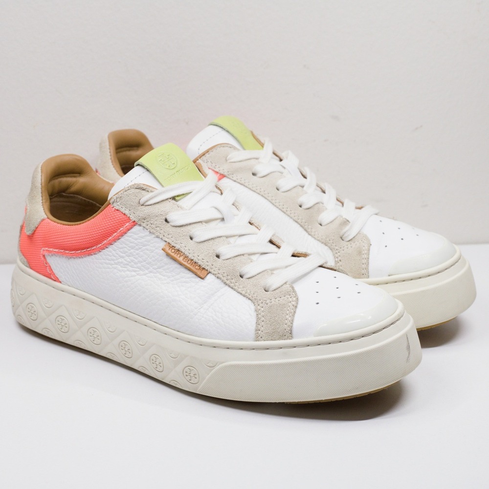TORY BURCH Ladybug Platform Monogram Leather Suede Sneakers White Coral Sz 9.5